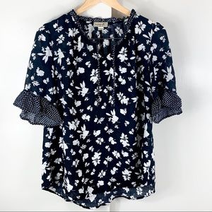OneWorld Black and White floral Blouse size Med.
